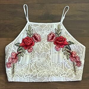 Lulus Cropped Beige Lace Top Rose Embroidered Applique' LG Coquette Festival